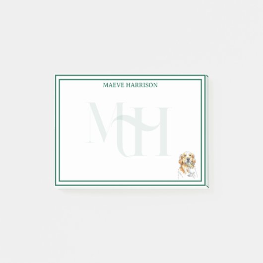 Handgezogenes Monogramm, Goldenes Retriever Pet Post-it Klebezettel (Vorderseite)