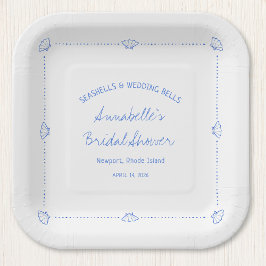 Handgezogenes Muscheln- und Hochzeitsglocken-Braut Pappteller