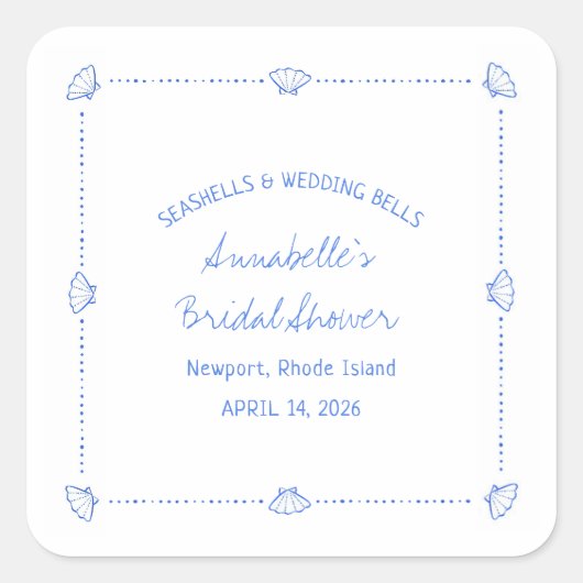 Handgezogenes Muscheln- und Hochzeitsglocken-Braut Quadratischer Aufkleber (Vorderseite)