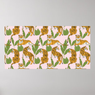 Handgezogenes, nahtloses Muster, große Katzen in  Poster
