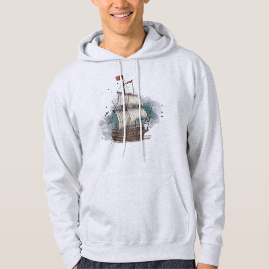Handgezogenes Schiff mit Bow-Welle auf Splash-Hint Hoodie (Vorderseite)