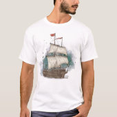Handgezogenes Schiff mit Bow-Welle auf Splash-Hint T-Shirt (Vorderseite)