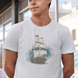 Handgezogenes Schiff mit Bow-Welle auf Splash-Hint T-Shirt