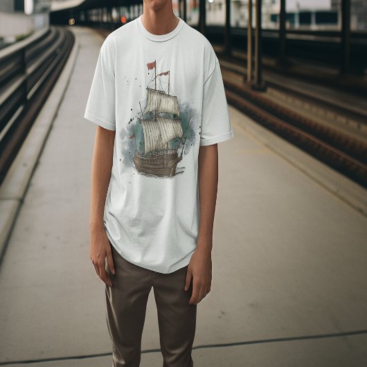 Handgezogenes Schiff mit Bow-Welle auf Splash-Hint T-Shirt