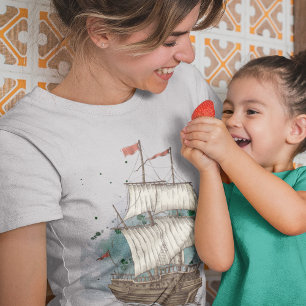 Handgezogenes Schiff mit Bow-Welle auf Splash-Hint T-Shirt