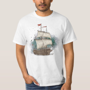 Handgezogenes Schiff mit Bow-Welle auf Splash-Hint T-Shirt
