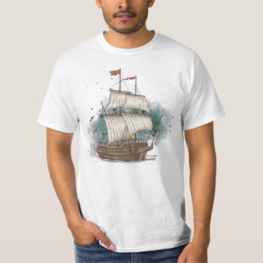 Handgezogenes Schiff mit Bow-Welle auf Splash-Hint T-Shirt (Vorderseite)