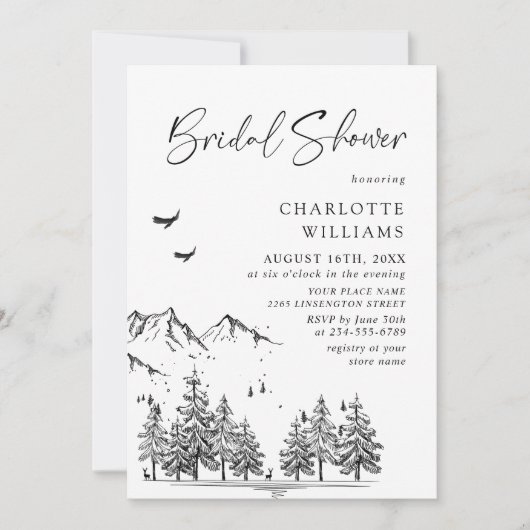 Handgezogenes Waldgebirge Brautparty Einladung (Vorderseite)