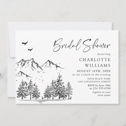 Handgezogenes Waldgebirge Brautparty Einladung (Vorderseite)