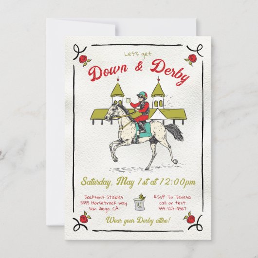 Handgezogenes Whimsical Down & Derby-Party Einladung (Vorderseite)