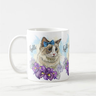 Handkopie zeichnend Niedliche Katze mit Blume Kaffeetasse