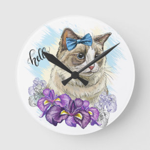 Handkopie zeichnend Niedliche Katze mit Blume Runde Wanduhr