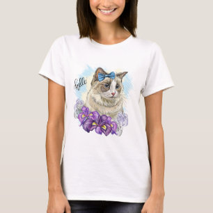 Handkopie zeichnend Niedliche Katze mit Blume T-Shirt