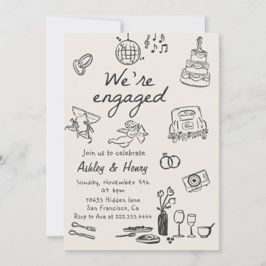 Händlergezeichnete Quirky-Engagement-Partei Einladung (Vorderseite)