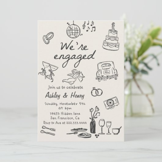 Händlergezeichnete Quirky-Engagement-Partei Einladung (Stehend Vorderseite)