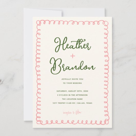 Händlerrosa und grüne farbige Hochzeit Einladung (Vorderseite)