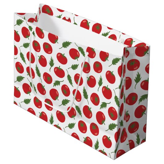 Händlerrotes Tomatenmuster Große Geschenktüte (Vorderseite Schrägansicht)