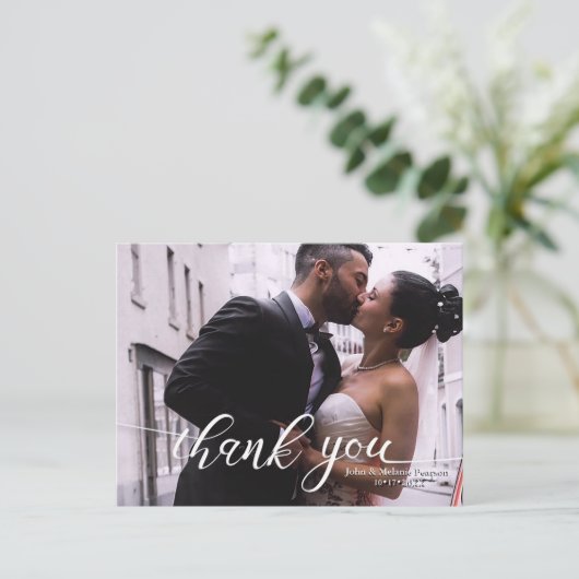 HANDLETTERING SCRIPT WEDING DANKE ANKÜNDIGUNGSPOSTKARTE (Stehend Vorderseite)