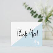 Handlettern Baby Feet Blue Baby Dusche Vielen Dank Postkarte (Stehend Vorderseite)