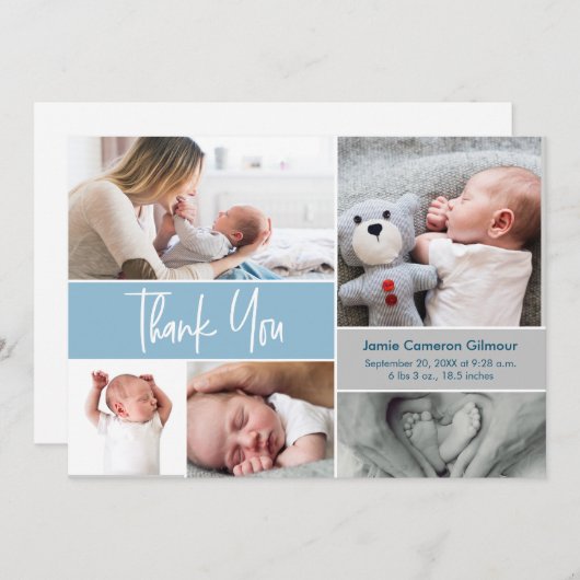 Handlettern Fotos Baby Shower Blue Vielen Dank Ankündigung (Vorne/Hinten)