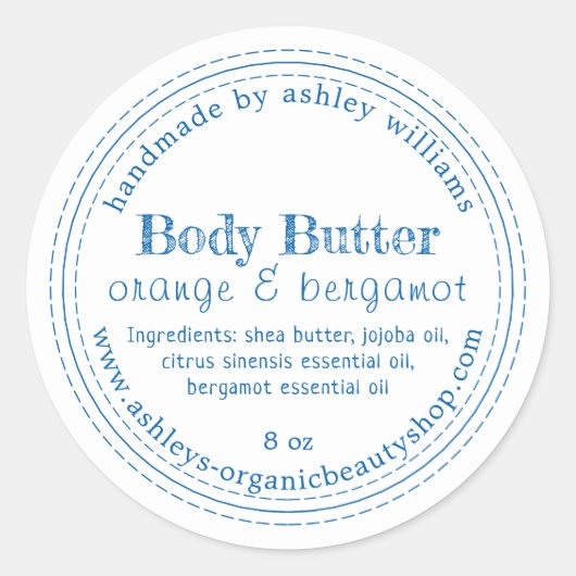 Handmade Body Butter Bio Business Blue Script Runder Aufkleber (Vorderseite)