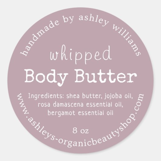 Handmade Body Butter Bio Business Mauve Runder Aufkleber (Vorderseite)