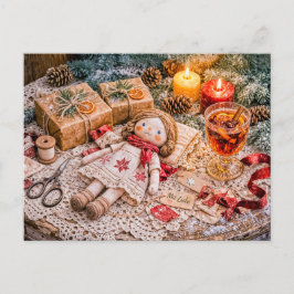 Handmade Cloth Doll with Christmas Gifts and Cozy  Postkarte