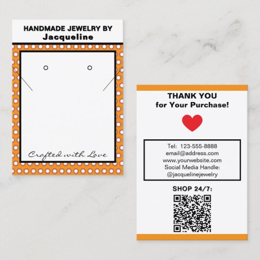 Handmade Jewelry Orange White Polka Dots Visitenkarte (Vorne/Hinten)