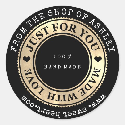 Handmade Logo Name Web Heart Liebe Black Gold Runder Aufkleber (Vorderseite)