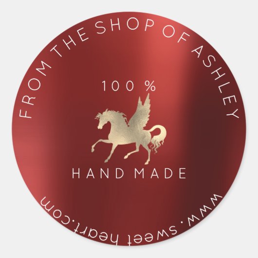 Handmade Logo Name Web Horse Burgundy Gold Runder Aufkleber (Vorderseite)