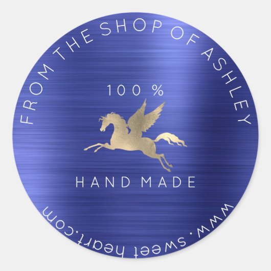 Handmade Logo Name Web Pegasus Cobalt Blue Gold Runder Aufkleber (Vorderseite)