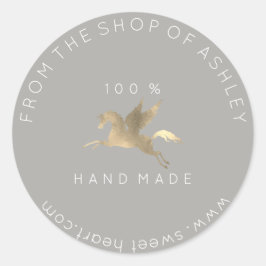 Handmade Logo Name Web Pegasus Horse Grau Gold Runder Aufkleber
