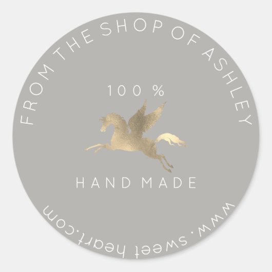 Handmade Logo Name Web Pegasus Horse Grau Gold Runder Aufkleber (Vorderseite)