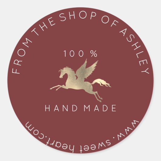 Handmade Logo Name Web Pegasus Pferd Maroon Gold Runder Aufkleber (Vorderseite)