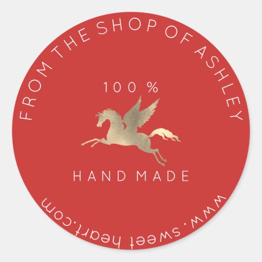 Handmade Logo Name Web Pegasus Pferd Red Gold Runder Aufkleber (Vorderseite)
