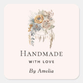 Handmade mit Liebe Boho Blume und einem Dreamcatch Quadratischer Aufkleber (Vorderseite)