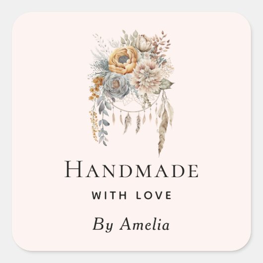 Handmade mit Liebe Boho Blume und einem Dreamcatch Quadratischer Aufkleber (Vorderseite)