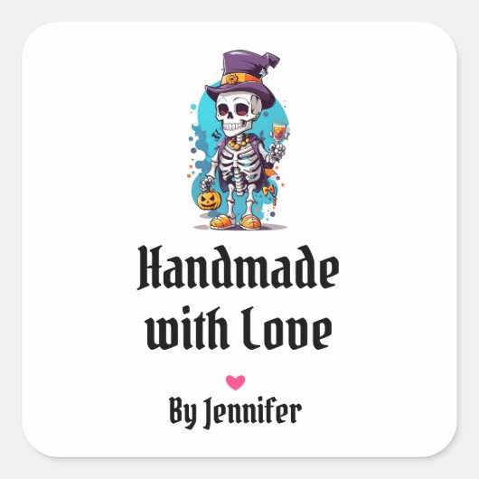 Handmade mit Liebe Funny Halloween Skelett Quadratischer Aufkleber (Vorderseite)