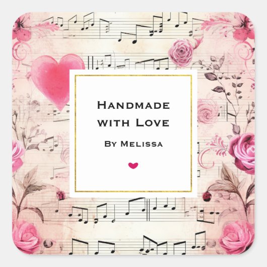 Handmade mit Liebe Musical Notes und Rose Quadratischer Aufkleber (Vorderseite)
