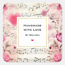 Handmade mit Liebe Musical Notes und Rose Quadratischer Aufkleber