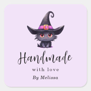Handmade mit Liebe Niedlich Black Cat in einem Hex Quadratischer Aufkleber