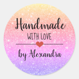 Handmade mit Liebe Regenbogen Glitzer Skript Runder Aufkleber