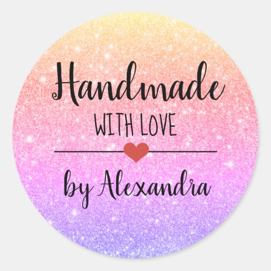 Handmade mit Liebe Regenbogen Glitzer Skript Runder Aufkleber (Vorderseite)