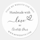 Handmade mit Liebe Schwarz-weiß Name Website Runder Aufkleber (Vorderseite)