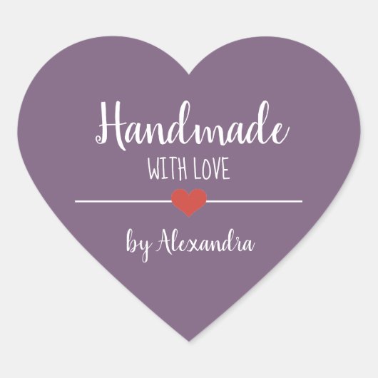 Handmade mit lila Liebe-Skript Herz-Aufkleber (Vorderseite)