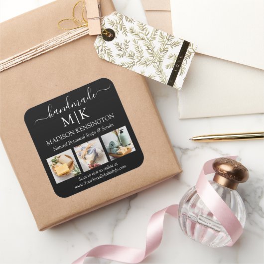 Handmade Monogram oder Add-Logo-Business 3-Foto Quadratischer Aufkleber (Schenken)