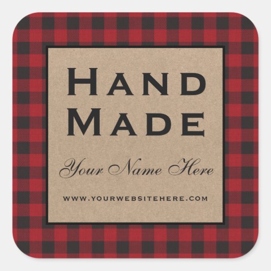 Handmade Red Kariert Kraft Quadratischer Aufkleber (Vorderseite)