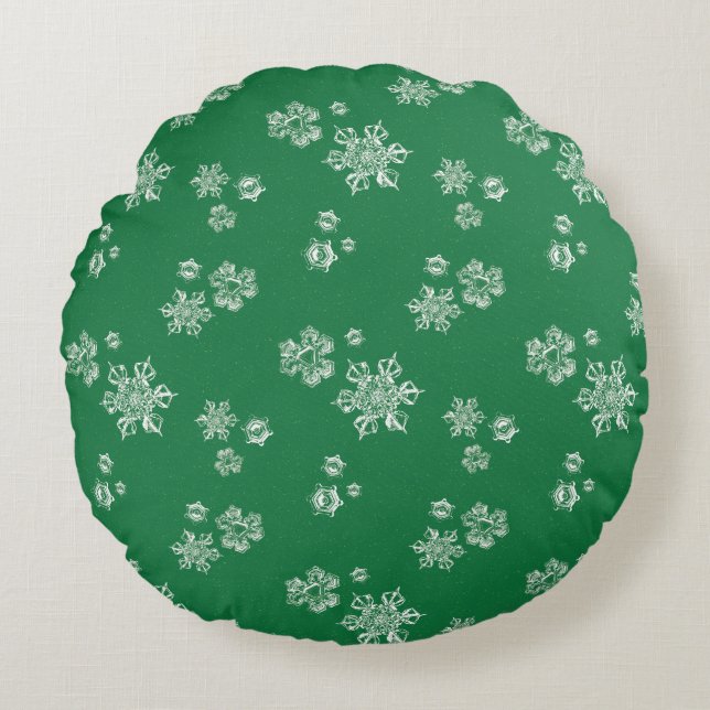 Handmade Snowflake Flurries - Bright Green & White Rundes Kissen (Vorderseite)