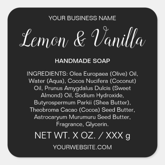 Handmade Soap Skincare Artisan Black Product Label Quadratischer Aufkleber (Vorderseite)