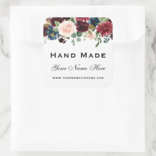 Handmade Watercolor Burgundy Blue Floral Klein Quadratischer Aufkleber